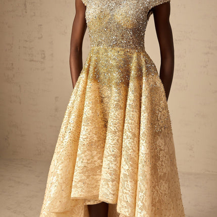 Clementina Champagne Gold Lace Cap Sleeve Dress with Bead and Sequin Embellishments