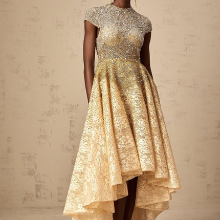 Clementina Champagne Gold Lace Overlay Cap Sleeve Dress with Bead and Sequin Embellishments