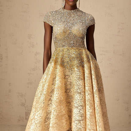 Clementina Champagne Gold Lace Overlay Beaded Sequin Dress with High-Low Hem