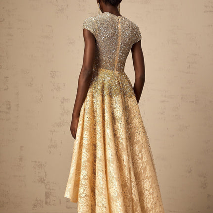 Clementina Champagne Gold Lace Overlay Beaded Sequin High Low Dress