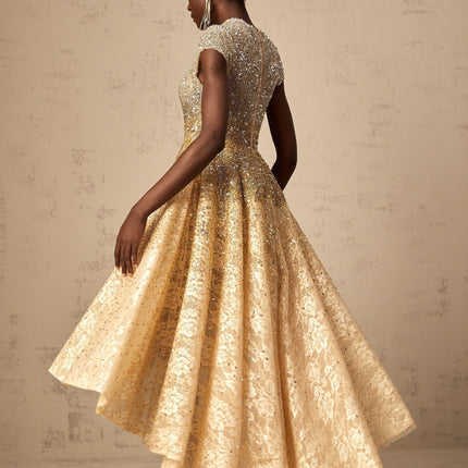 Clementina Champagne Gold Lace Overlay Cap Sleeve Dress with Bead and Sequin Embellishments