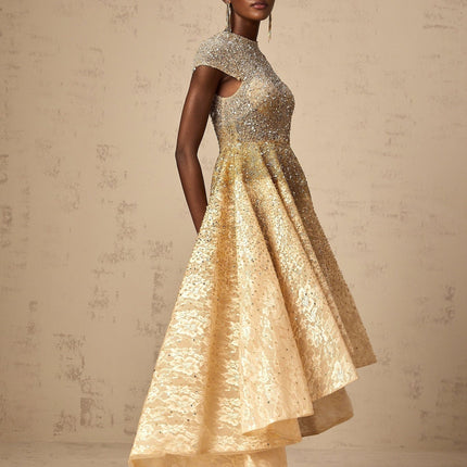 Clementina Champagne Gold Lace Overlay Cap Sleeve Dress with Bead and Sequin Embellishments