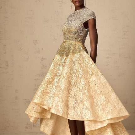 Clementina Champagne Gold Lace Overlay Cap Sleeve Dress with Bead and Sequin Embellishments