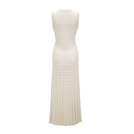 Clementina Maxi Dress in Cream White with Faux-Pearl Embellishments and Pleated Detailing