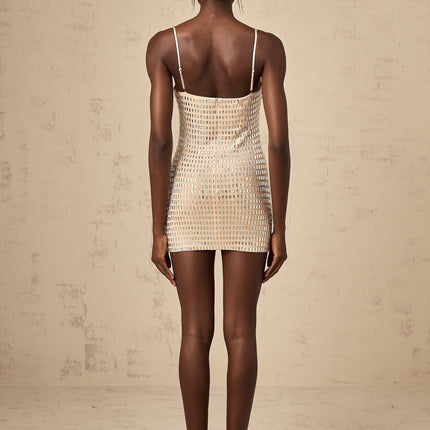 Clementina Neutrals Mini Dress with Stud Embellishments Spaghetti Straps and Cinched Waist Rear Zip Fastening Thigh-Length Cut 65% Polyester 35% Spandex