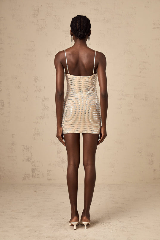 Clementina Neutrals Mini Dress with Stud Embellishments Spaghetti Straps and Cinched Waist Rear Zip Fastening Thigh-Length Cut 65% Polyester 35% Spandex
