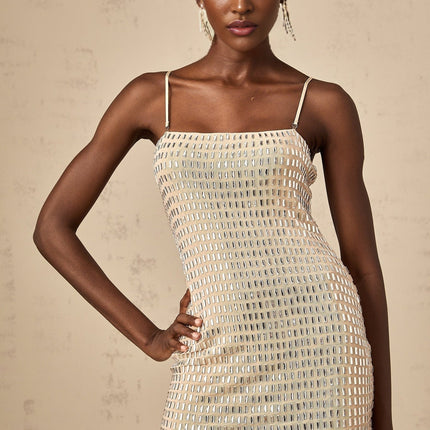 Clementina Mini Dress Neutrals Sleeveless Spaghetti Straps Stud Embellishments Polyester Spandex