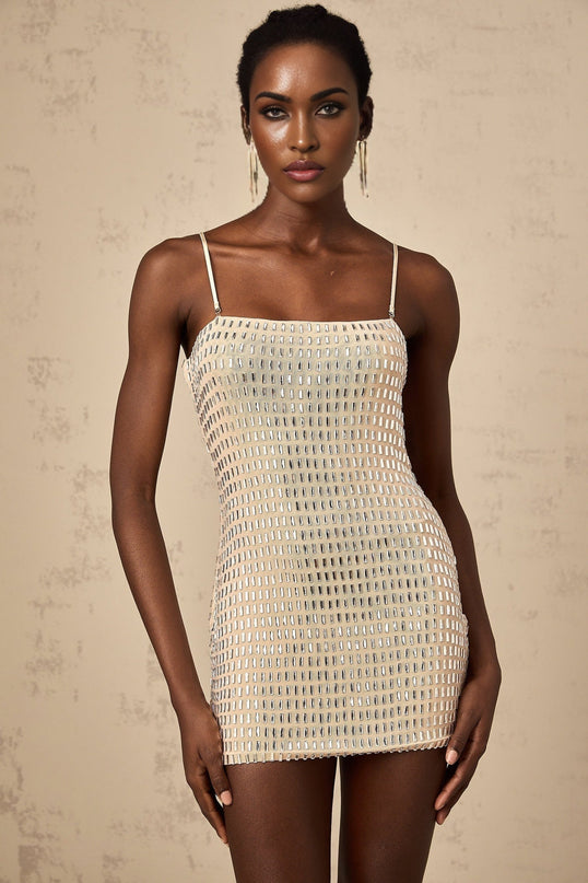 Clementina Neutrals Mini Dress with Stud Embellishments