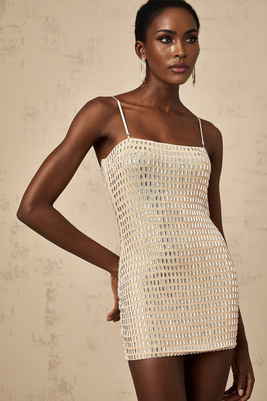 Clementina Neutrals Mini Dress with Stud Embellishments