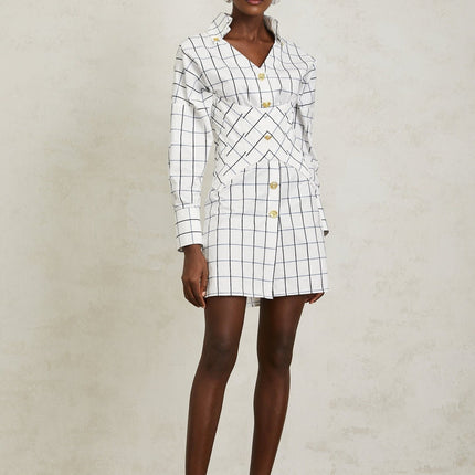 Clementina White Check Mini Dress with Gold Buttons