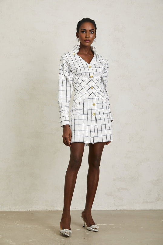 Clementina White Check Mini Dress with Gold Buttons