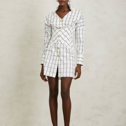 Clementina White Check Mini Dress with Gold Buttons