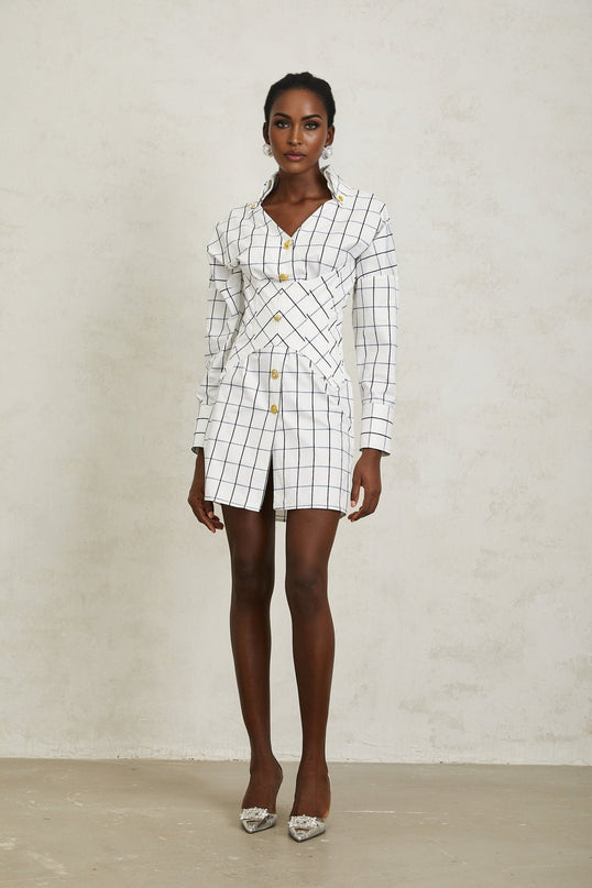 Clementina White Check Mini Dress with Gold Buttons