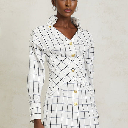 Clementina White Check Mini Dress with Gold Buttons