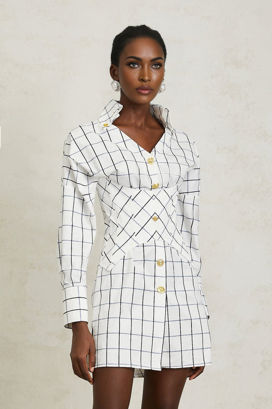 Clementina White Check Mini Dress with Gold Buttons
