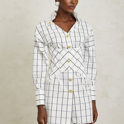Clementina White Check Mini Dress with Gold Buttons