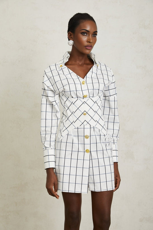 Clementina White Check Mini Dress with Gold Buttons