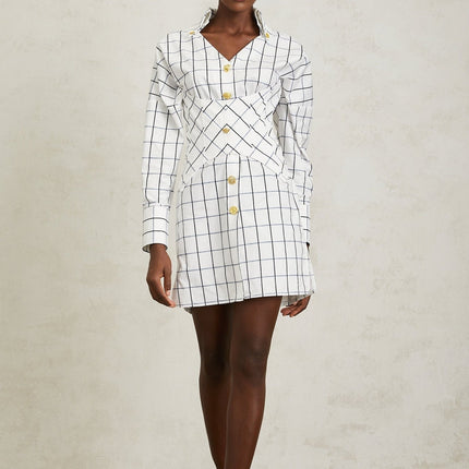 Clementina White Check Mini Dress with Lapels V-Neck and Gold Buttons