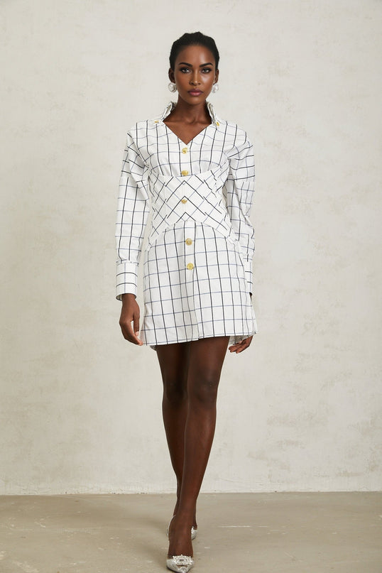 Clementina White Check Mini Dress with Lapels V-Neck and Gold Buttons