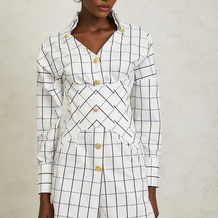 Clementina White Check Pattern Mini Dress with Embossed Gold-Tone Buttons