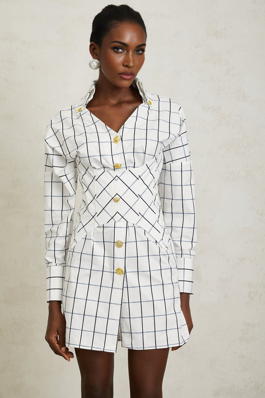 Clementina White Check Pattern Mini Dress with Embossed Gold-Tone Buttons