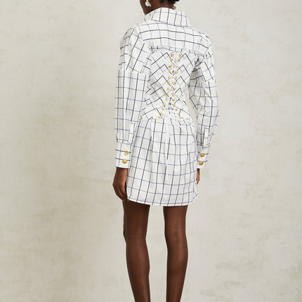 Clementina White Check Pattern Mini Dress with Gold Buttons