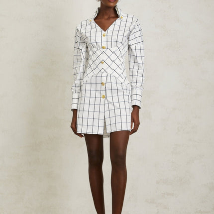 Clementina White Check Pattern Mini Dress with Embossed Gold-Tone Buttons and V-Neck