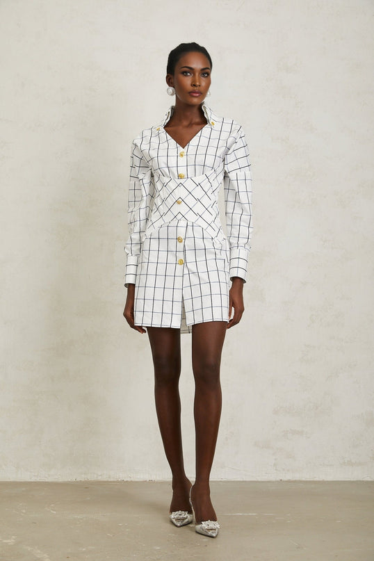 Clementina White Check Pattern Mini Dress with Embossed Gold-Tone Buttons and V-Neck
