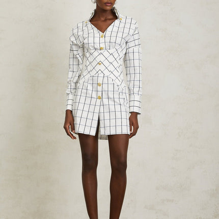 Clementina White Check Pattern Mini Dress with Embossed Gold-Tone Buttons and V-Neck