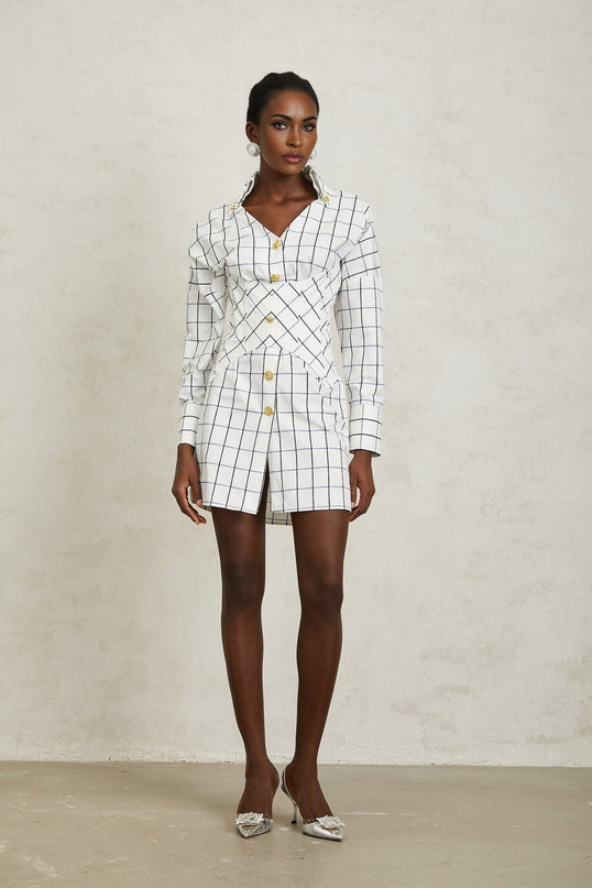 Clementina White Check Pattern Mini Dress with Embossed Gold-Tone Buttons and V-Neck