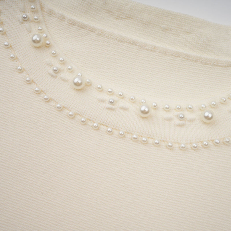 Clementina White Maxi Dress with Faux-Pearl Embellishments and Pleated Detailing