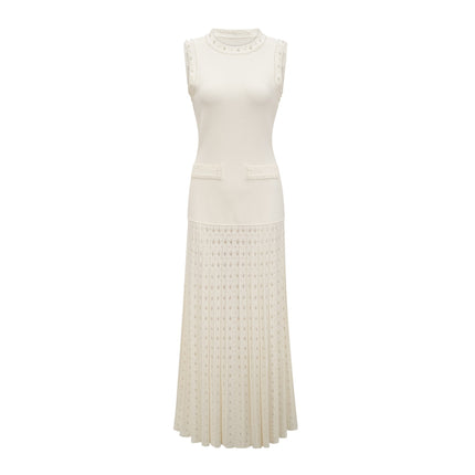 Clementina White Maxi Dress Faux-Pearl Embellishments Pleated Detailing Scallop Hem