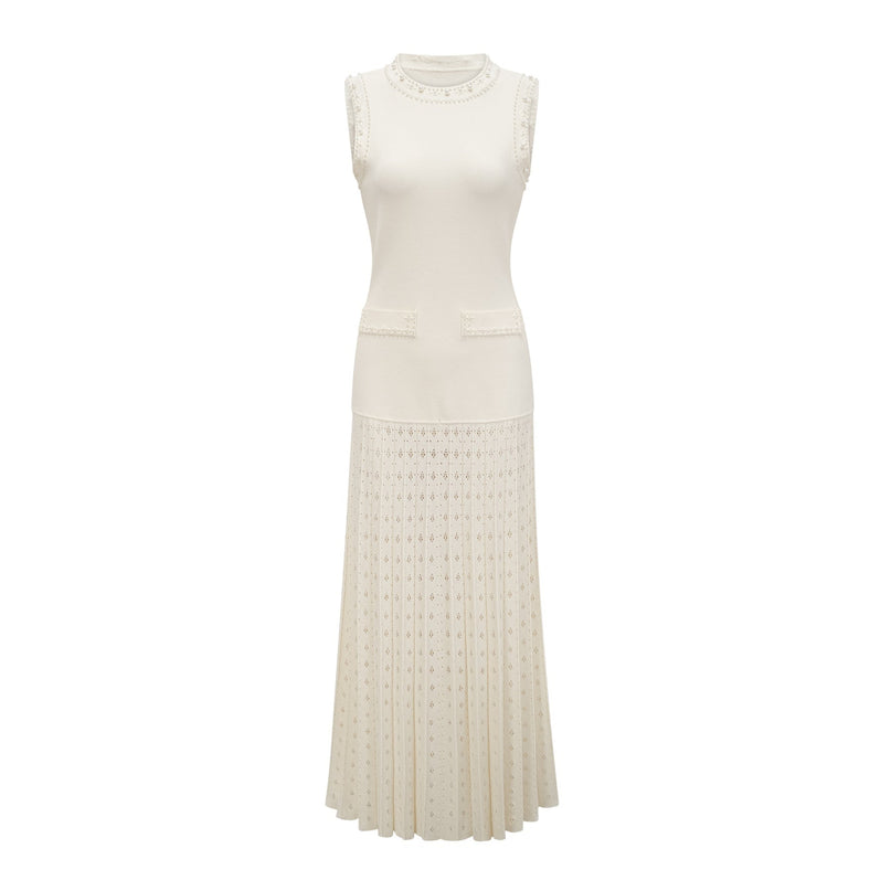 Clementina White Maxi Dress Faux-Pearl Embellishments Pleated Detailing Scallop Hem