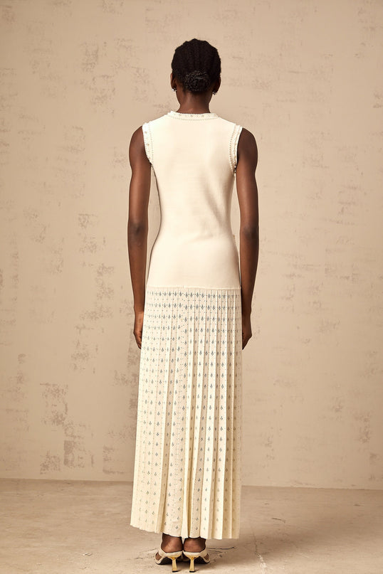 Clementina White Maxi Dress with Faux-Pearl Embellishments and Pleated Detailing