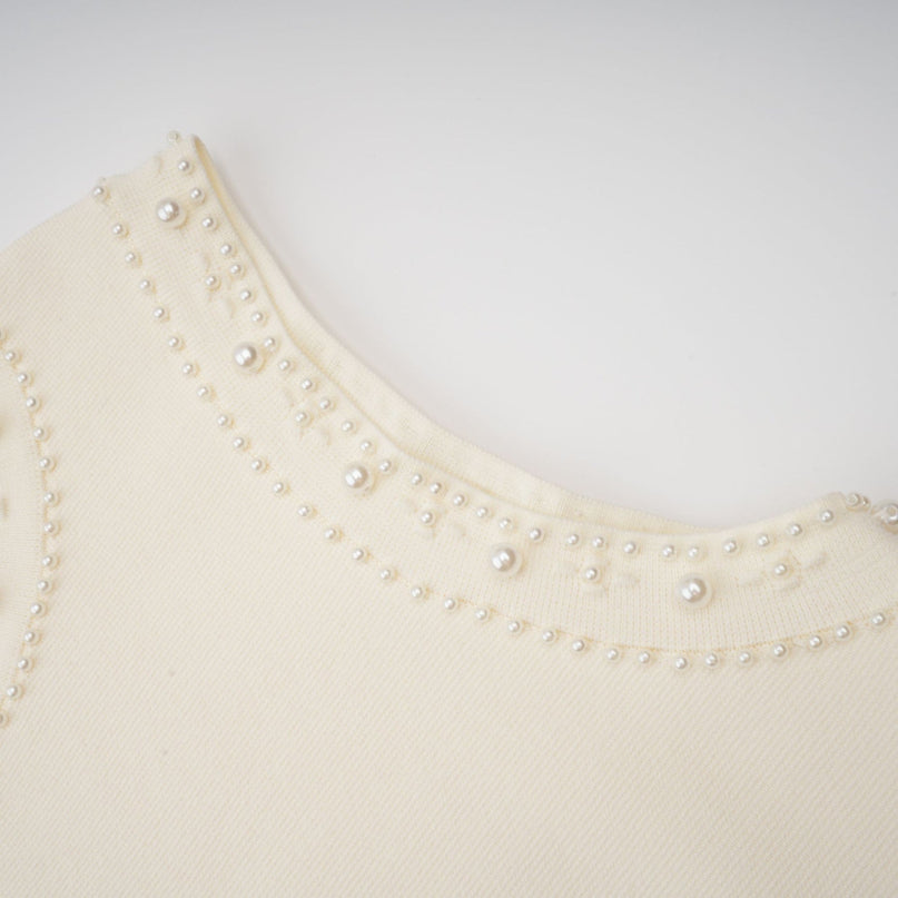 Clementina White Maxi Dress with Faux-Pearl Embellishments and Pleated Detailing