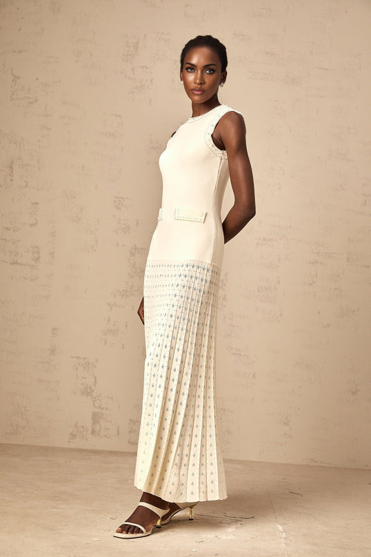 Clementina White Maxi Dress with Faux-Pearl Embellishments and Scalloped Hem