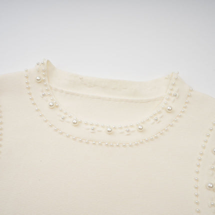 Clementina White Maxi Dress with Faux-Pearl Embellishments and Pleated Detailing