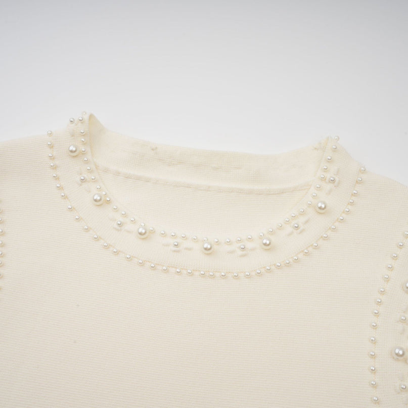 Clementina White Maxi Dress with Faux-Pearl Embellishments and Pleated Detailing
