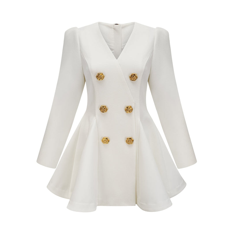 Clementina White Vneck Peplum Pleated Dress Aline Gold Buttons Shoulder Pads Polyester Fiber
