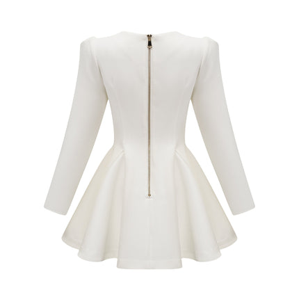 Clementina White Vneck Peplum Pleated Dress Aline Gold Buttons Shoulder Pads