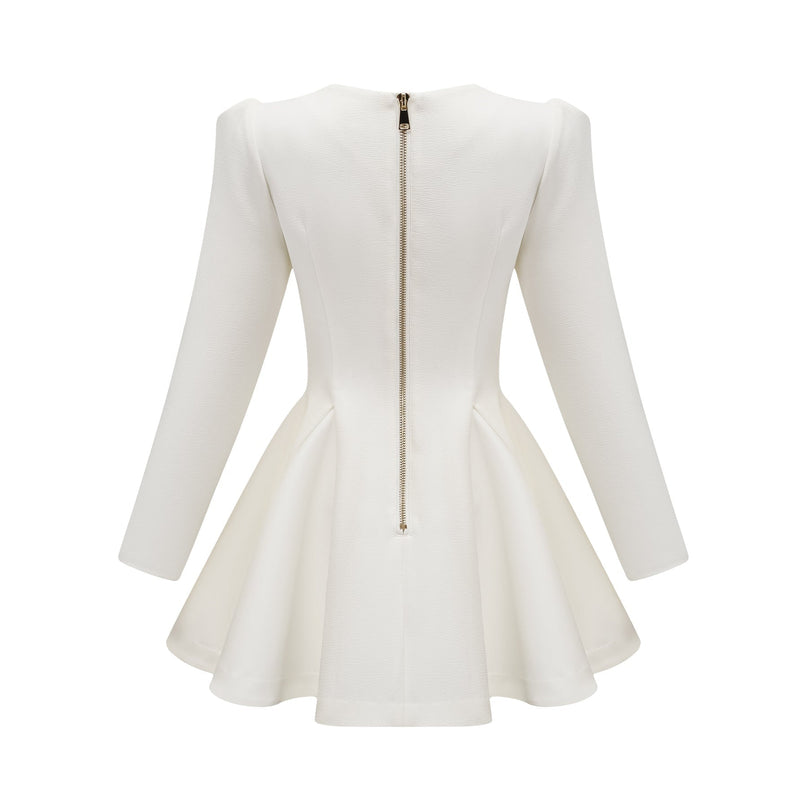 Clementina White Vneck Peplum Pleated Dress Aline Gold Buttons Shoulder Pads