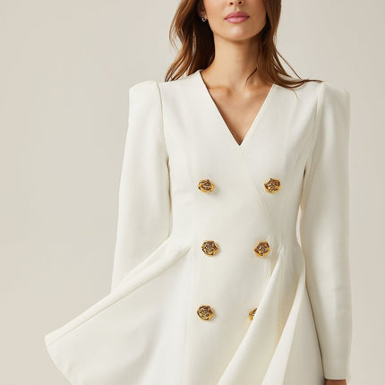 Clementina White Vneck Peplum Pleated Dress Aline Goldtone Buttons Shoulder Pads Polyester Fiber