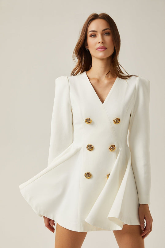 Clementina White Vneck Peplum Pleated Dress Aline Goldtone Buttons Shoulder Pads Polyester Fiber