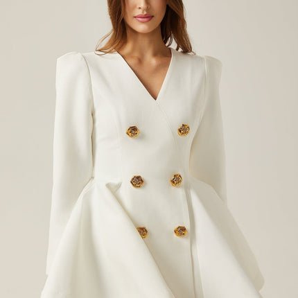 Clementina White Vneck Peplum Pleated Dress A-line silhouette with gold-tone buttons and shoulder pads