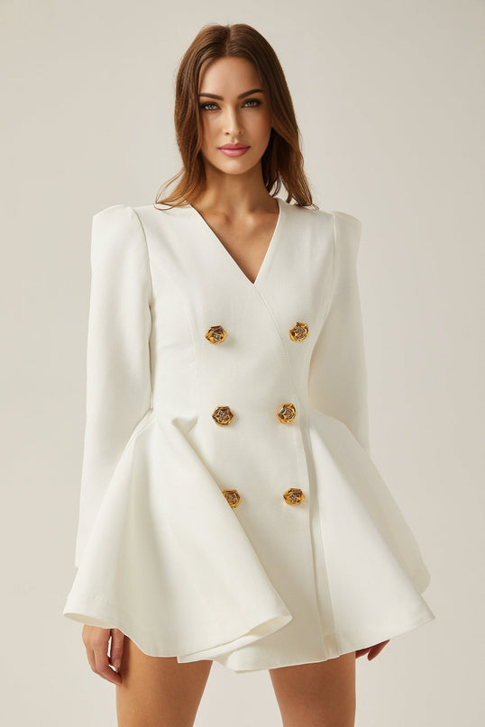 Clementina White Vneck Peplum Pleated Dress A-line silhouette with gold-tone buttons and shoulder pads