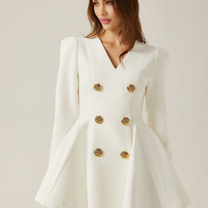 Clementina White Vneck Peplum Pleated Dress Aline Goldtone Buttons Shoulder Pads Polyester Fiber