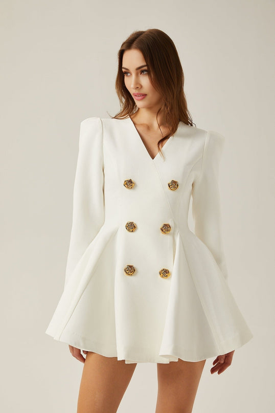 Clementina White Vneck Peplum Pleated Dress Aline Goldtone Buttons Shoulder Pads Polyester Fiber