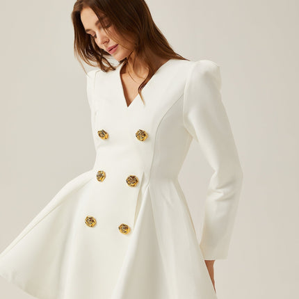 Clementina White Vneck Peplum Pleated Dress