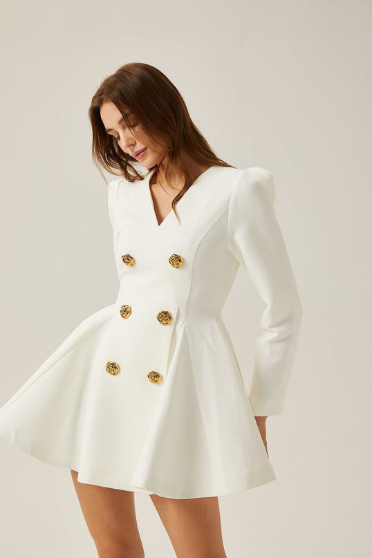 Clementina White Vneck Peplum Pleated Dress