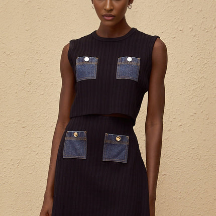 Cleopatra Blue Denim Panel Ribbed Knit Matching Set